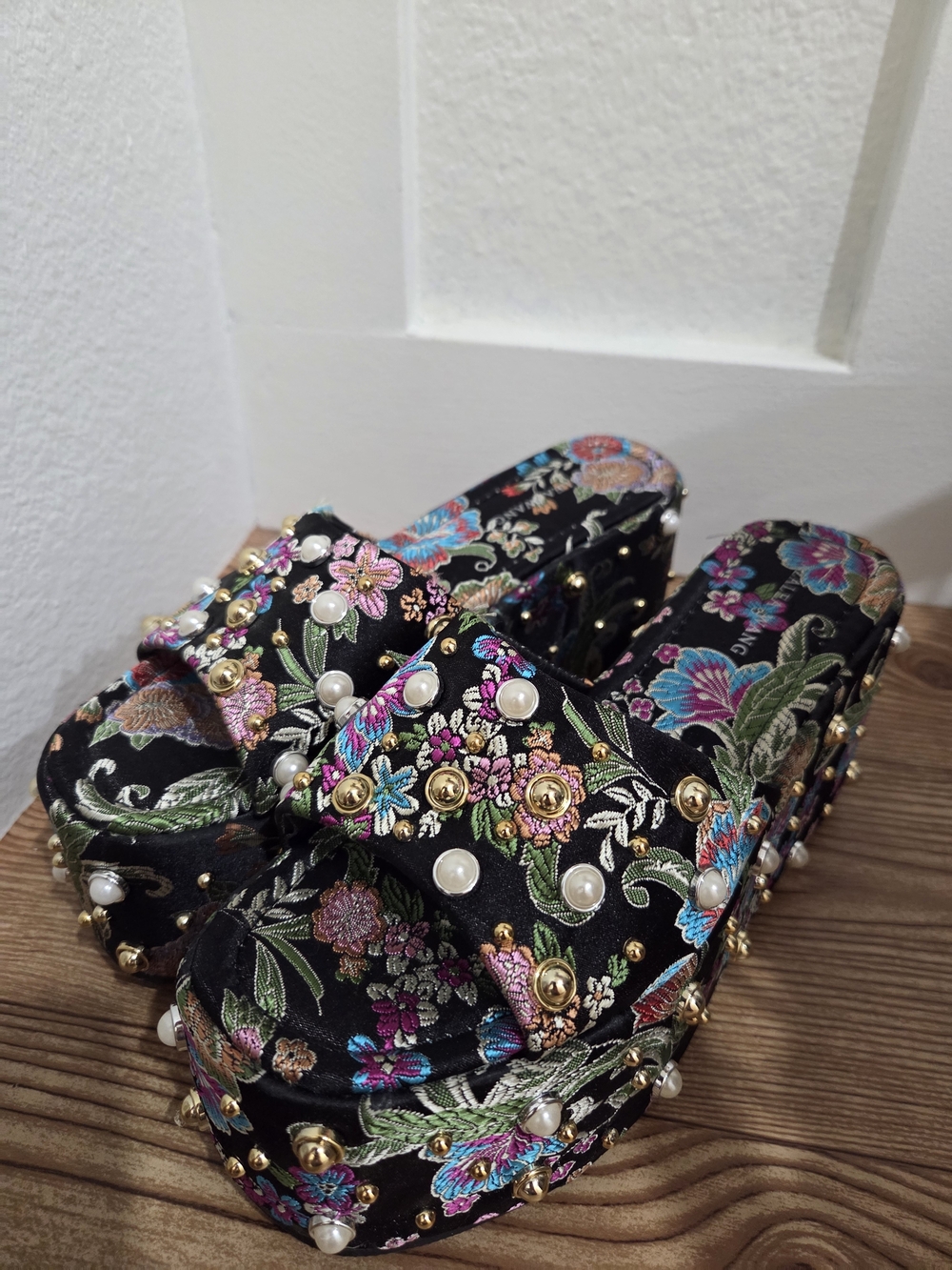 Azalea Wang Embroidered Floral Platform Slide Sandals with Pearls